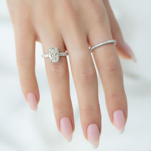 The Pave Crown Kamellie Set With A 2 Carat Elongated Cushion Moissanite