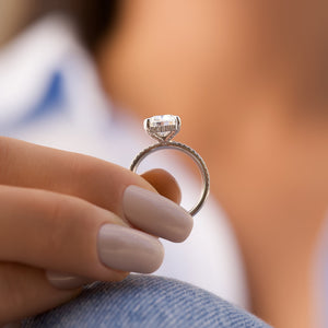 The Pave Crown Kamellie Set With A 2 Carat Elongated Cushion Moissanite