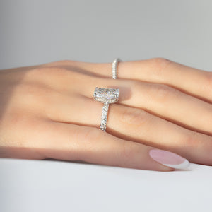 The Pave Crown Kamellie Set With A 2 Carat Elongated Cushion Moissanite