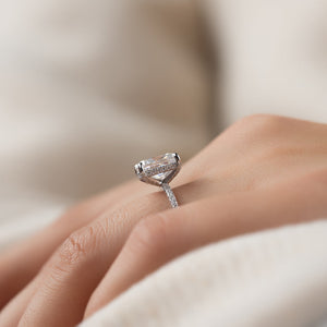 The Pave Crown Kamellie Set With A 2 Carat Elongated Cushion Moissanite