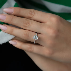 The Pave Crown Kamellie Set With A 2 Carat Elongated Cushion Moissanite