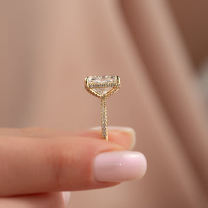 The Pave Crown Kamellie Set With A 4 Carat Elongated Cushion Moissanite