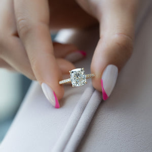 The Alex Set With A 2.5 Carat Elongated Cushion Moissanite