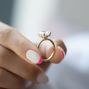 The Alex Set With A 2.5 Carat Elongated Cushion Moissanite