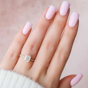 The Alex Set With A 2.5 Carat Elongated Cushion Moissanite