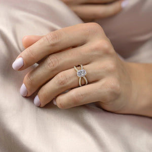 The Zoey Set With A 2.5 Carat Elongated Cushion Moissanite