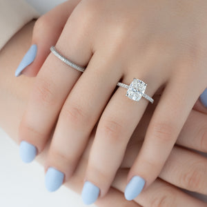 The Natalie Set With A 2.5 Carat Elongated Cushion Moissanite