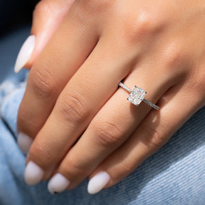 The Lexie Set With A 3.5 Carat Elongated Cushion Moissanite