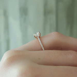 The Pave Ashley Set With A 2.5 Carat Elongated Cushion Moissanite