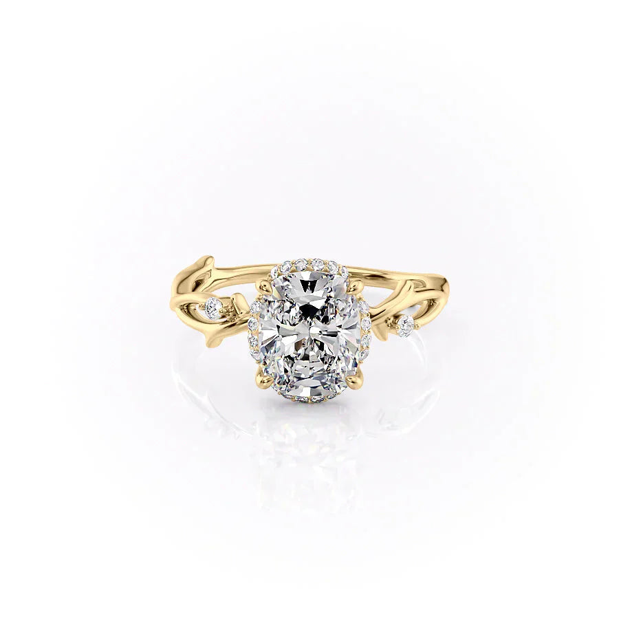 The Halo Twig Set With A 2.5 Carat Elongated Cushion Lab Diamond