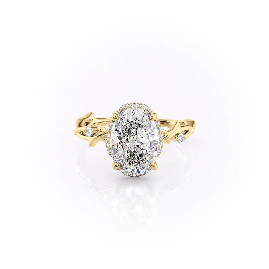 The Halo Twig Set With A 2.5 Carat Oval Moissanite