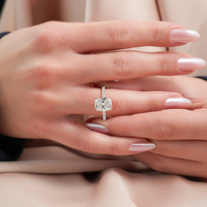 The Sarah Set With A 3.5 Carat Elongated Cushion Moissanite