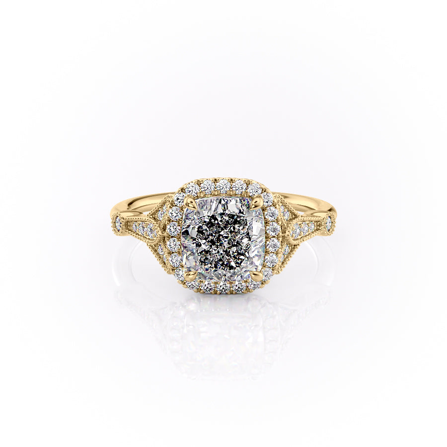The Halo Stephanie Set With A 1.5 Carat Cushion Moissanite