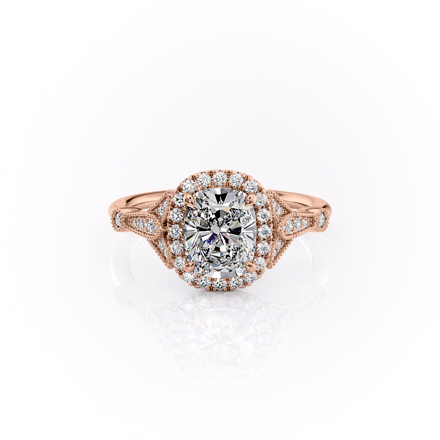 The Halo Stephanie Set With A 2 Carat Elongated Cushion Lab Diamond