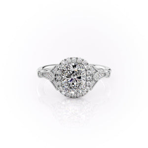 The Halo Stephanie Set With A 3 Carat Elongated Cushion Moissanite