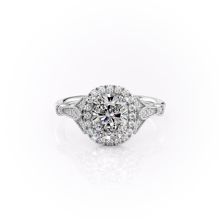 The Halo Stephanie Set With A 2 Carat Elongated Cushion Moissanite