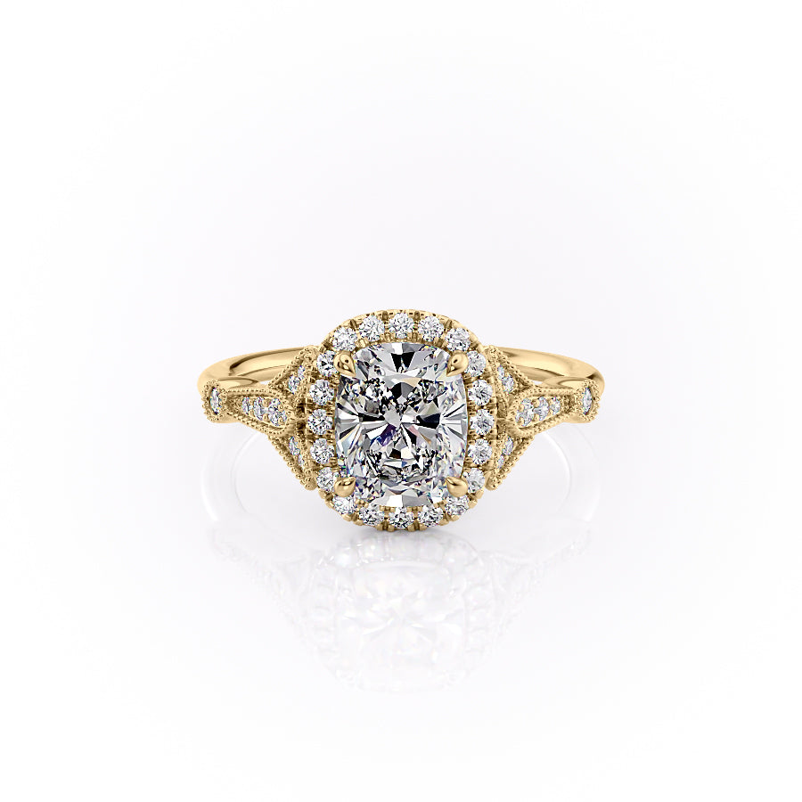 The Halo Stephanie Set With A 2.5 Carat Elongated Cushion Lab Diamond