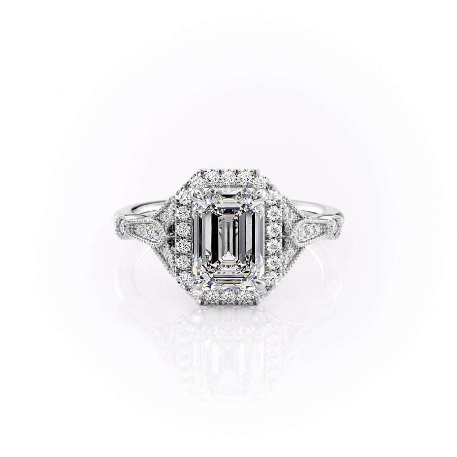 The Halo Stephanie Set With A 4.5 Carat Emerald Moissanite