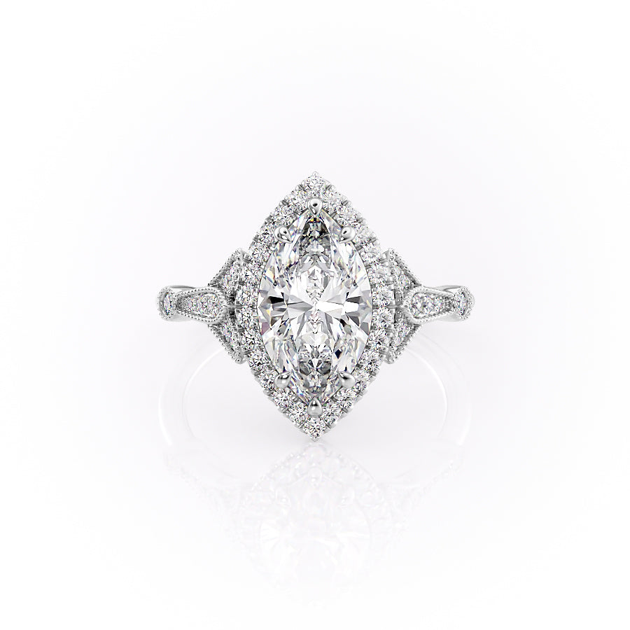 The Halo Stephanie Set With A 5 Carat Marquise Moissanite