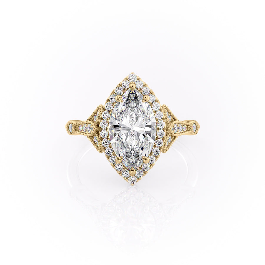 The Halo Stephanie Set With A 1.5 Carat Marquise Moissanite