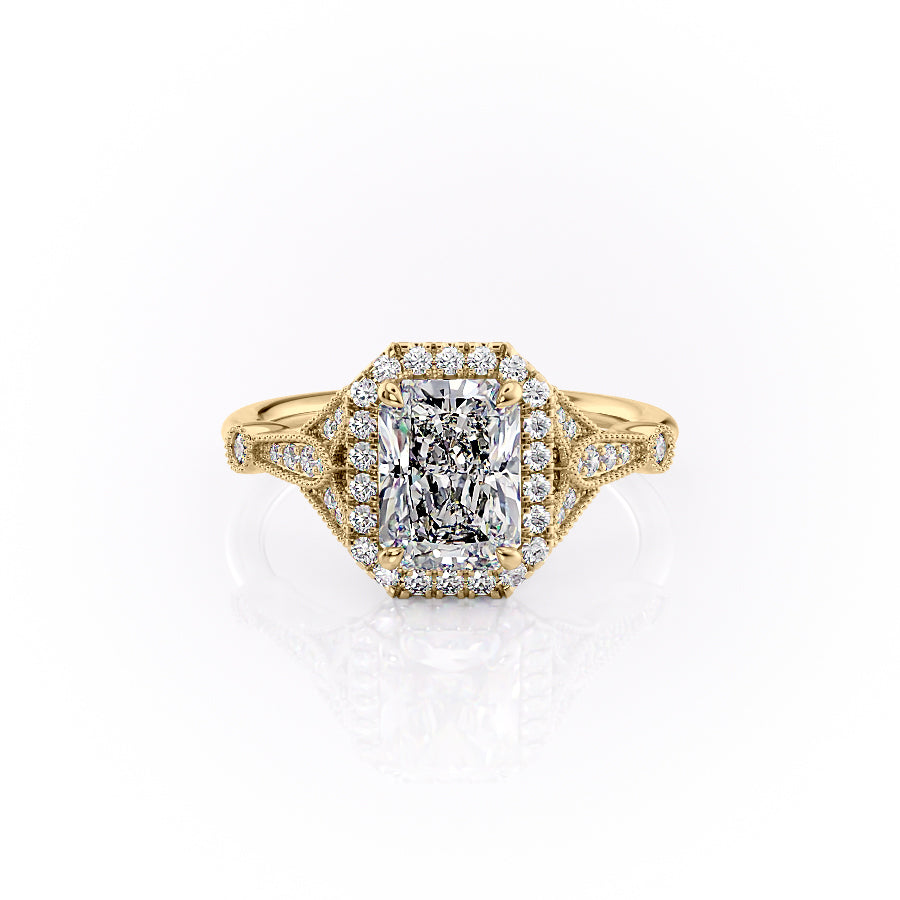 The Halo Stephanie Set With A 1 Carat Radiant Moissanite