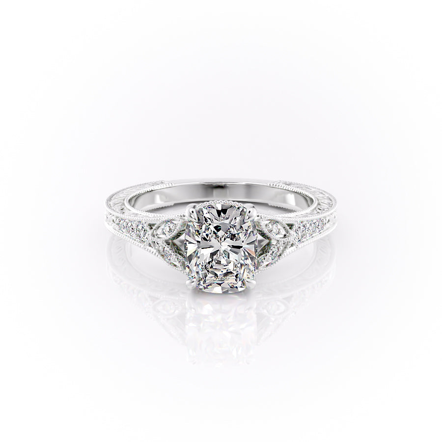 The Violet Set With A 3 Carat Elongated Cushion Moissanite
