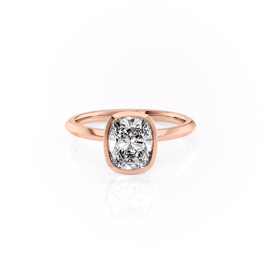 The Razor Bezel Kamellie Set With A 1.5 Carat Elongated Cushion Moissanite